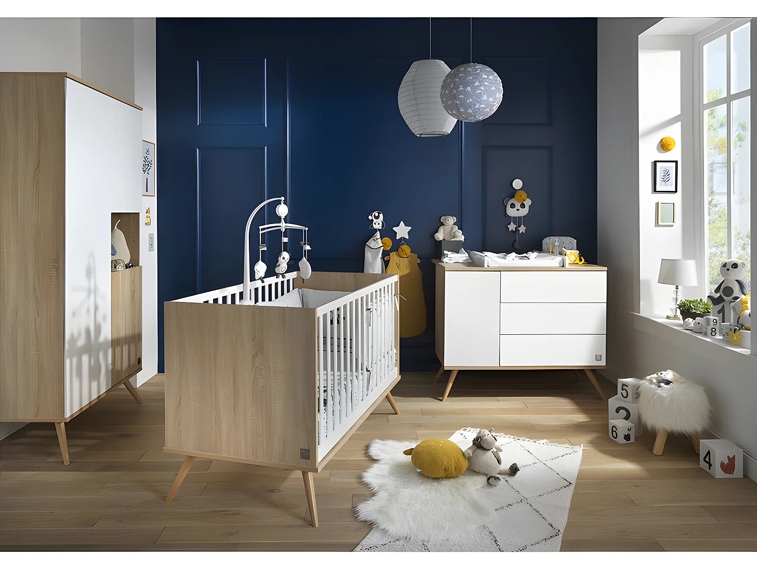 Commode 3 tiroirs 1 porte Seventies Bois et blanc