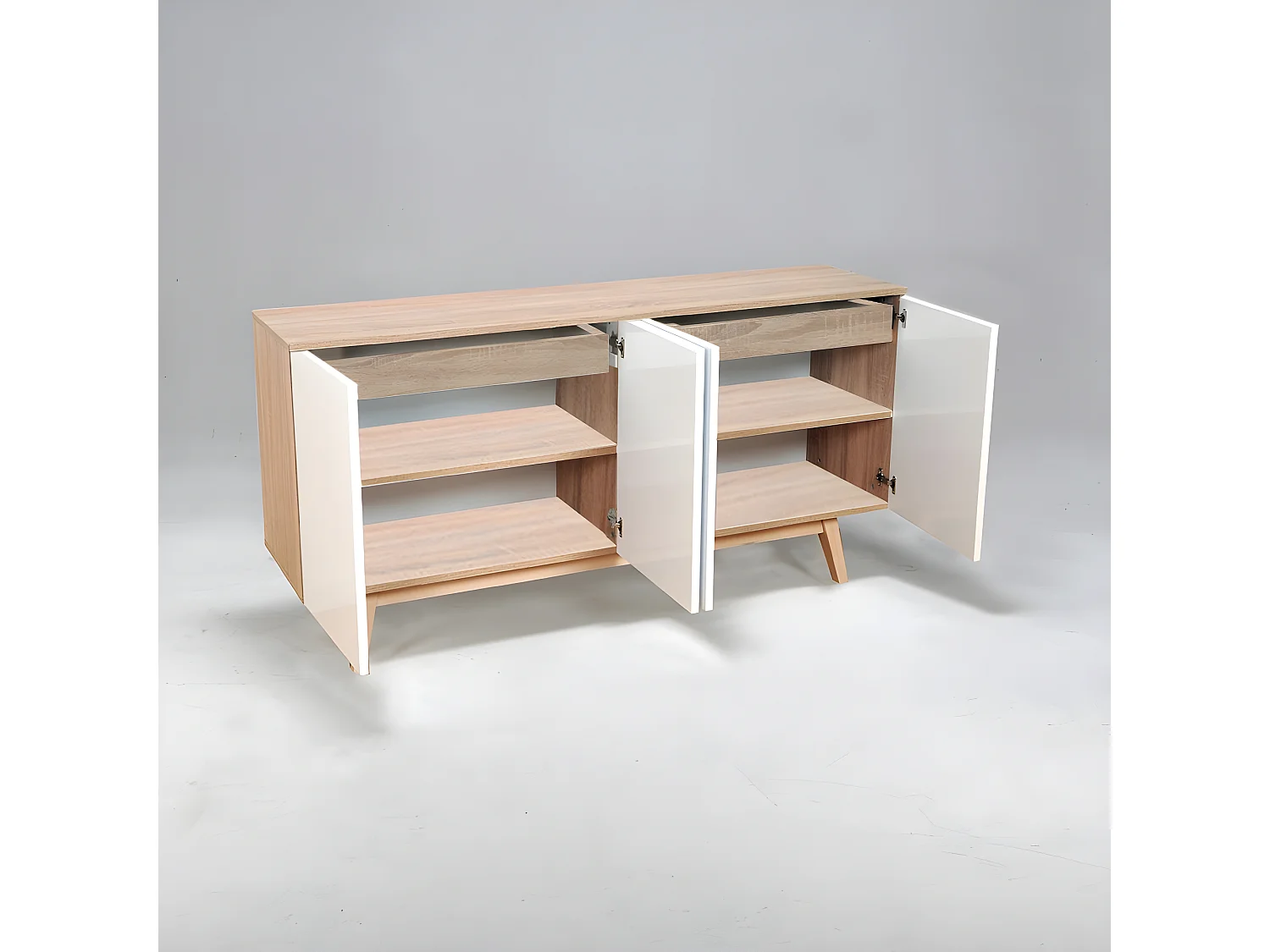 Bahut HOME 4 portes 2 tiroirs / Décor Blanc et Chêne Blanchi