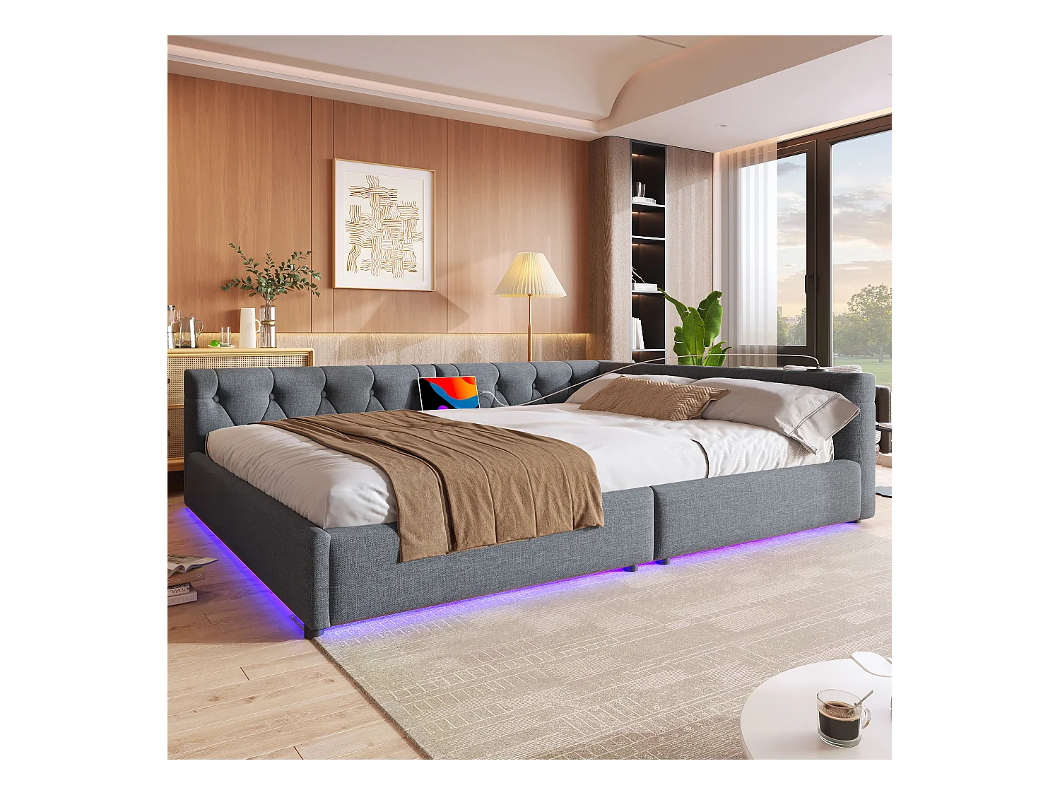 Canapé-lit 140x200 cm en lin gris, avec LED d’ambiance télécommandée, ports USB et Type-C, tête capitonnée, sommier inclus