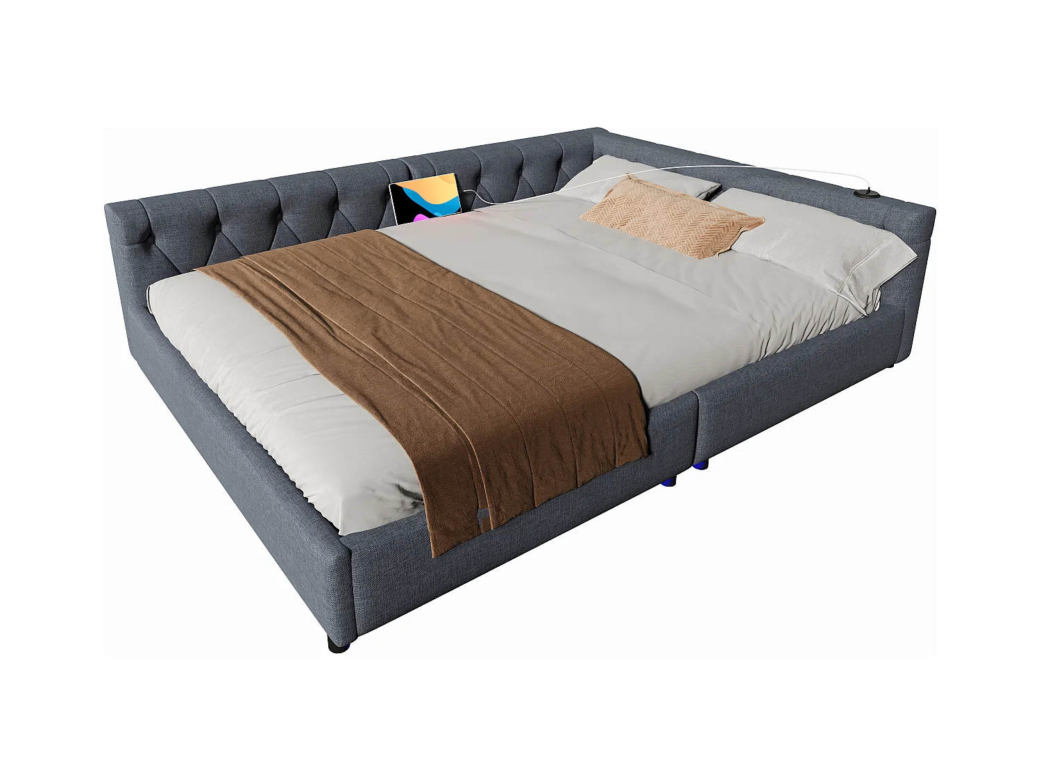 Canapé-lit 140x200 cm en lin gris, avec LED d’ambiance télécommandée, ports USB et Type-C, tête capitonnée, sommier inclus