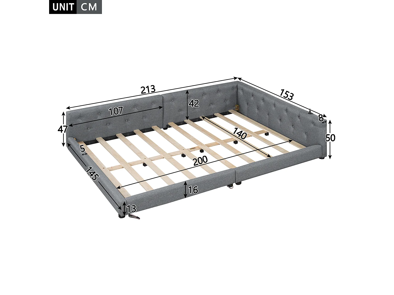 Canapé-lit 140x200 cm en lin gris, avec LED d’ambiance télécommandée, ports USB et Type-C, tête capitonnée, sommier inclus