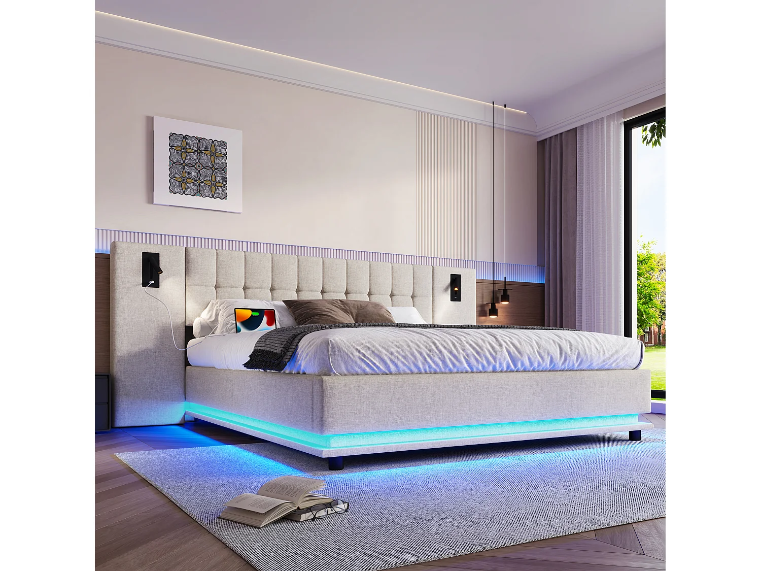 Lit rembourré 180x200 cm avec LED, tête de lit spot, USB, sans matelas, lin, Beige