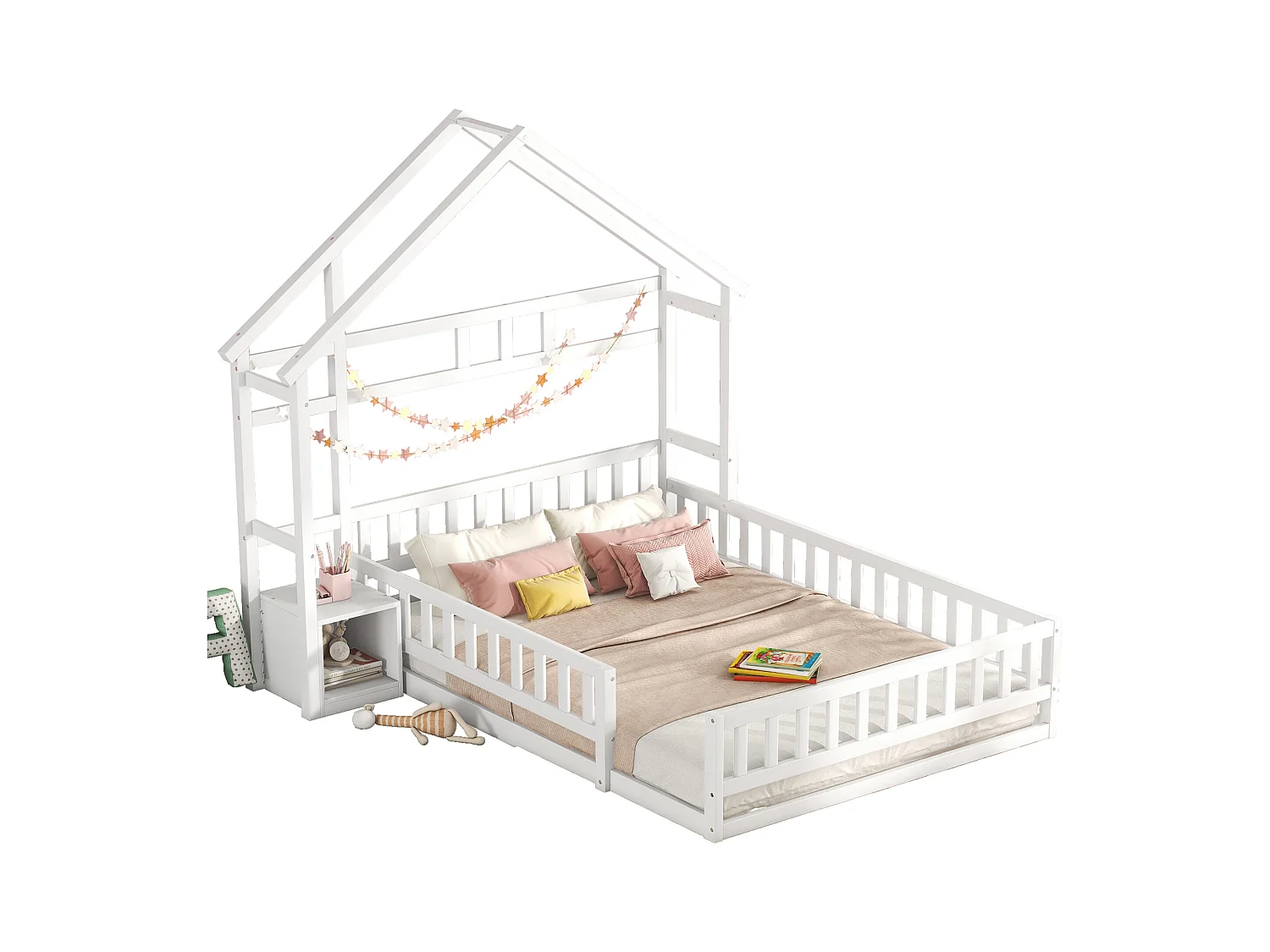 Lit enfant 140x190 cm, lit plat avec barreau maison et table de nuit, sans matelas, Bois, Blanc
