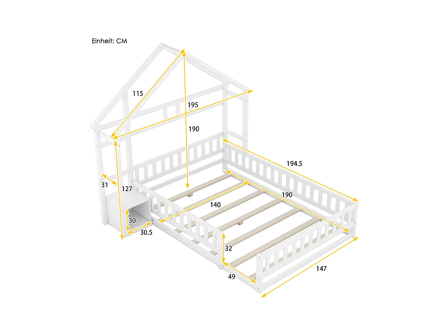 Lit enfant 140x190 cm, lit plat avec barreau maison et table de nuit, sans matelas, Bois, Blanc