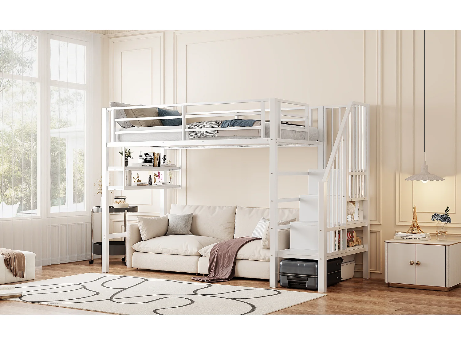 Lit mezzanine 90x200 cm en bois, avec étagères, échelle de rangement, espace libre dessous, garde-corps, blanc