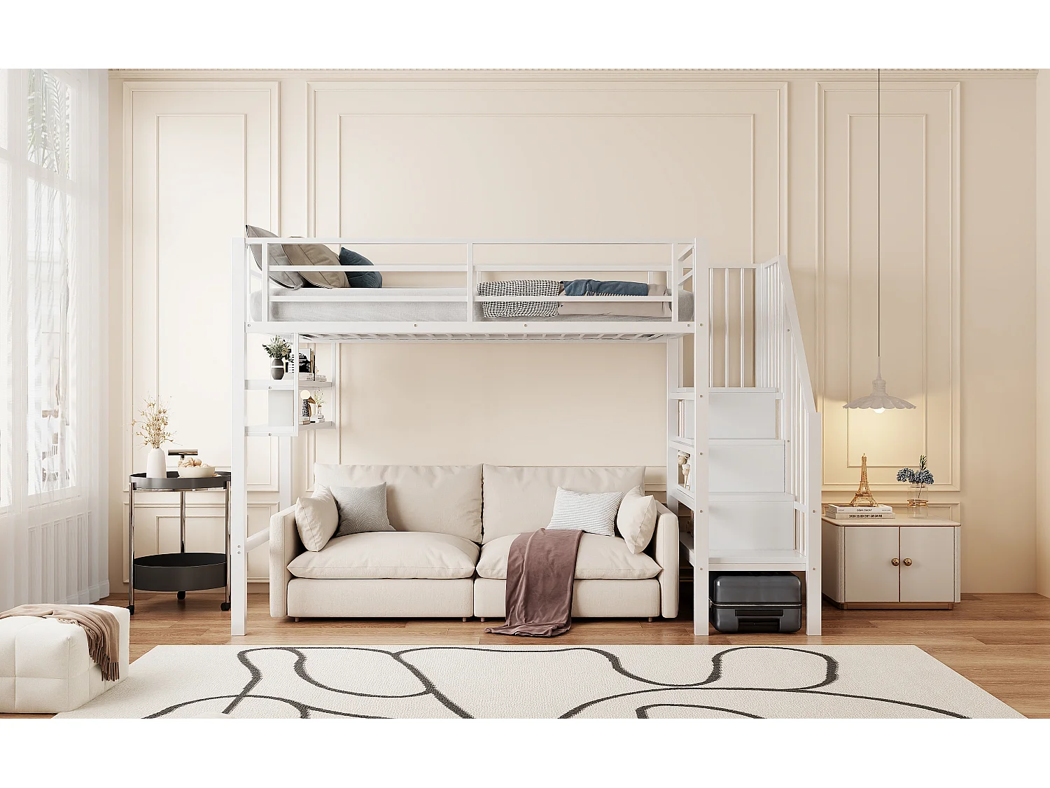 Lit mezzanine 90x200 cm en bois, avec étagères, échelle de rangement, espace libre dessous, garde-corps, blanc