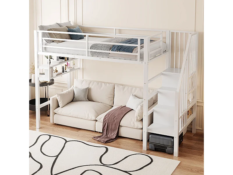 Lit mezzanine 90x200 cm en bois, avec étagères, échelle de rangement, espace libre dessous, garde-corps, blanc