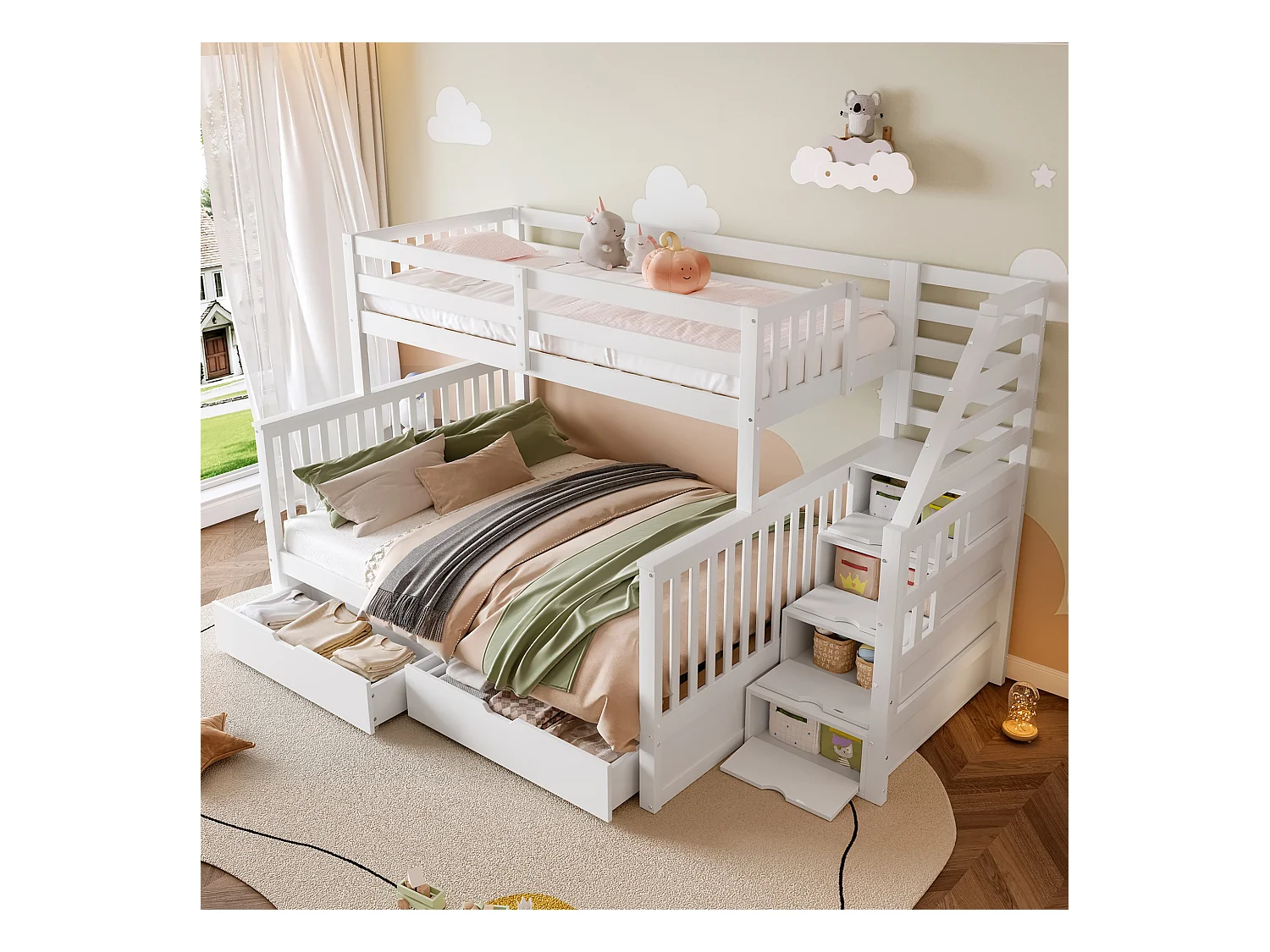 Lit superposé 90x200 cm + 140x200 cm avec tiroirs de rangement, sans matelas, multifonction, Blanc