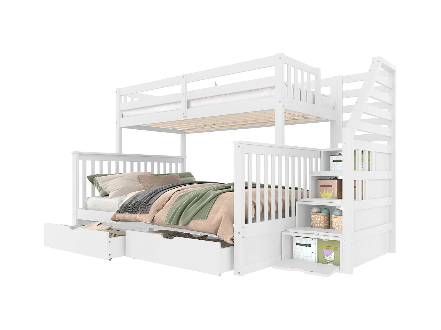 Lit superposé 90x200 cm + 140x200 cm avec tiroirs de rangement, sans matelas, multifonction, Blanc