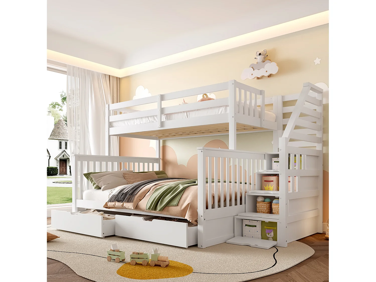 Lit superposé 90x200 cm + 140x200 cm avec tiroirs de rangement, sans matelas, multifonction, Blanc