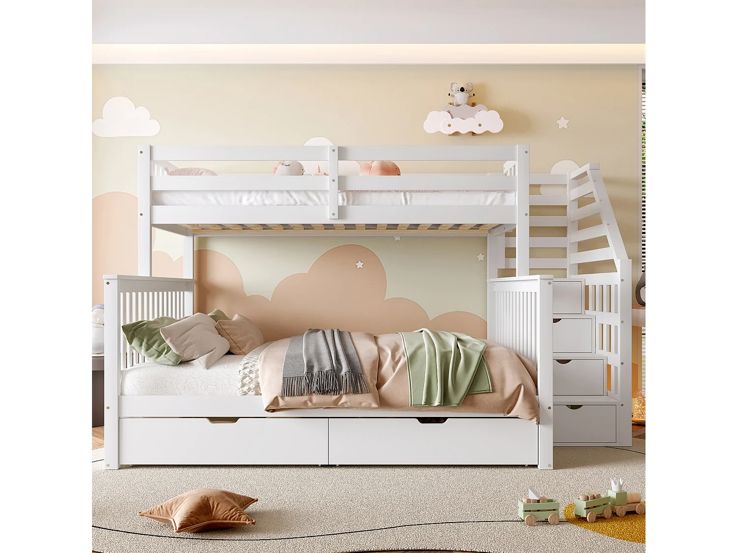 Lit superposé 90x200 cm + 140x200 cm avec tiroirs de rangement, sans matelas, multifonction, Blanc