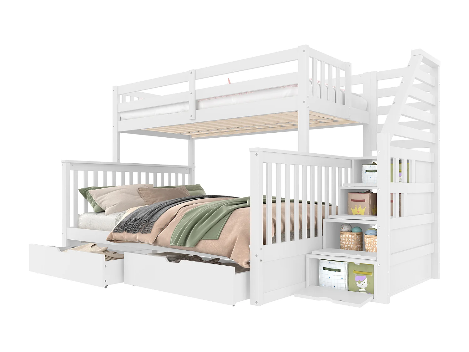 Lit superposé 90x200 cm + 140x200 cm avec tiroirs de rangement, sans matelas, multifonction, Blanc