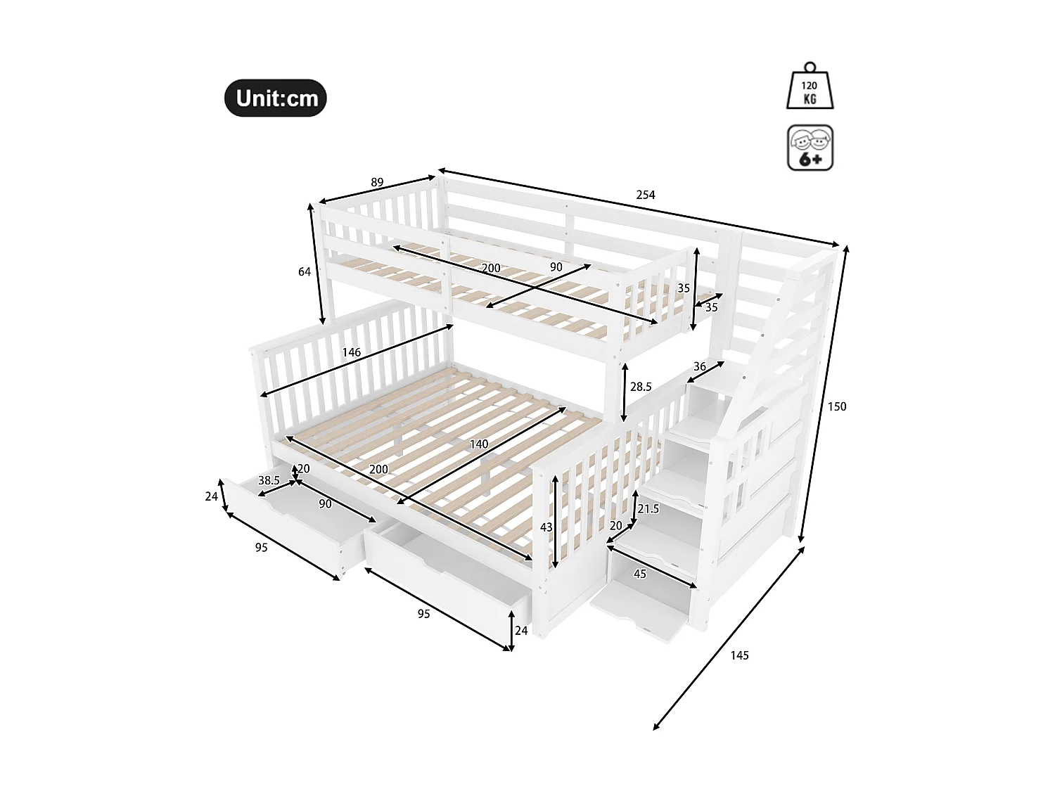 Lit superposé 90x200 cm + 140x200 cm avec tiroirs de rangement, sans matelas, multifonction, Blanc