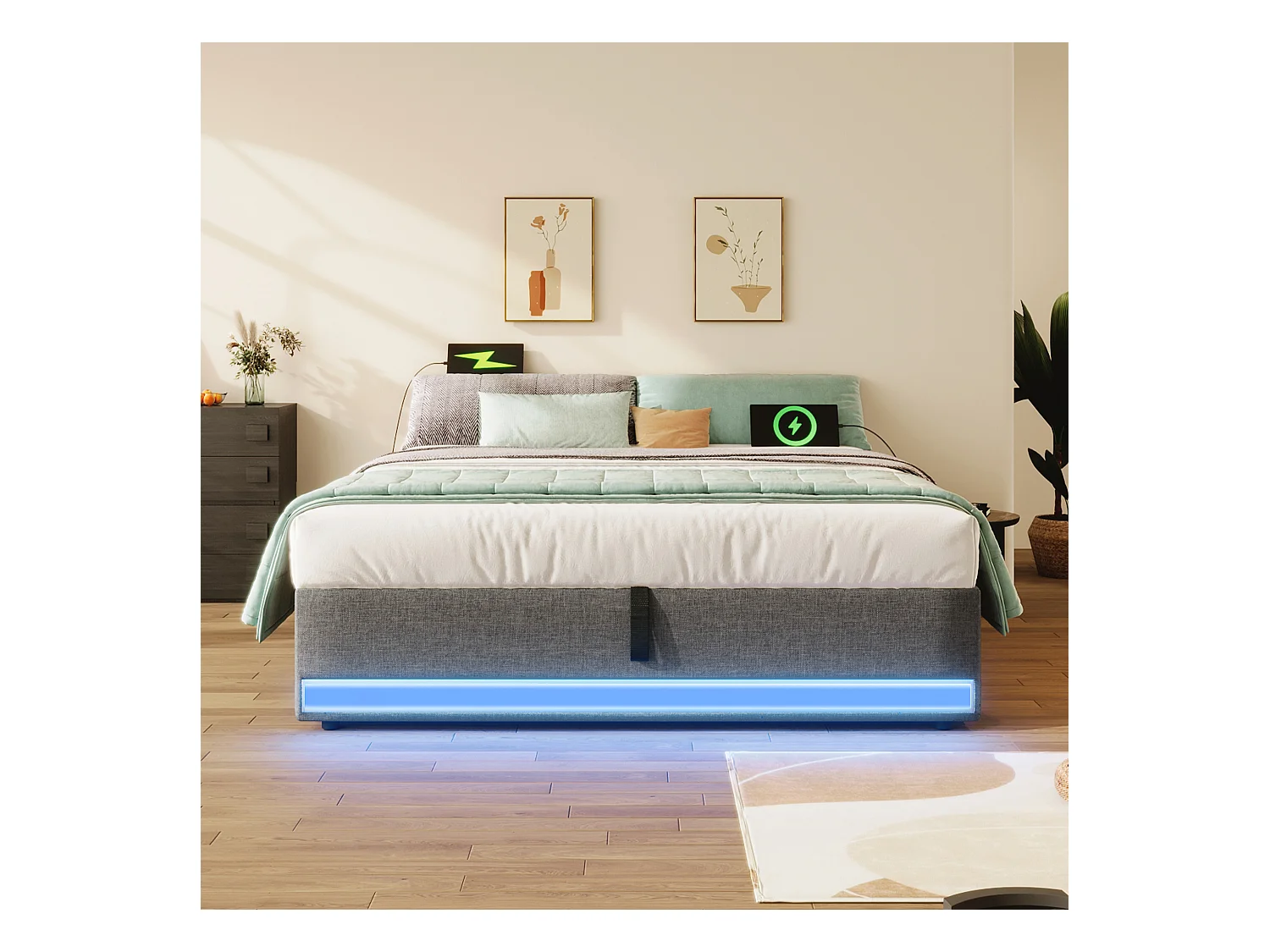 Lit rembourré 140x200 cm, LED télécommandée, USB + Type-C, petites poches de rangement, sans tête de lit, fonction de stockage hydraulique, sans matelas, Gris