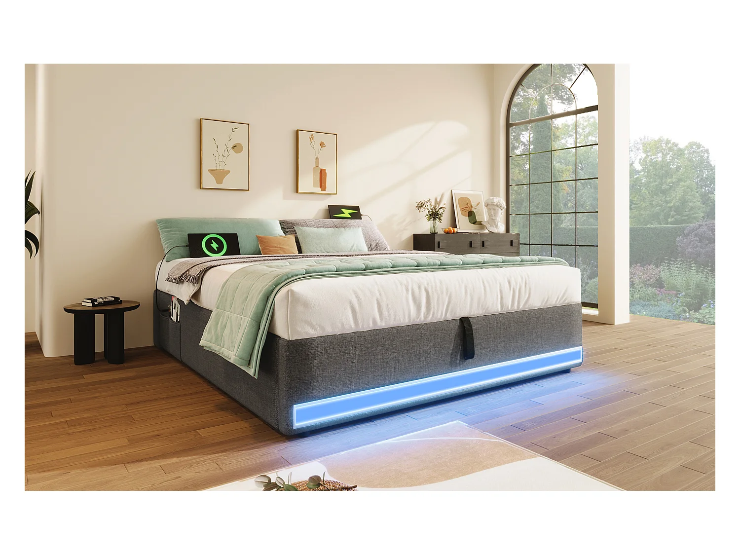 Lit rembourré 140x200 cm, LED télécommandée, USB + Type-C, petites poches de rangement, sans tête de lit, fonction de stockage hydraulique, sans matelas, Gris