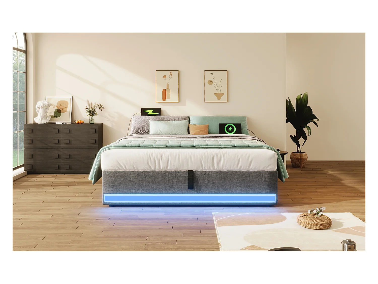 Lit rembourré 140x200 cm, LED télécommandée, USB + Type-C, petites poches de rangement, sans tête de lit, fonction de stockage hydraulique, sans matelas, Gris