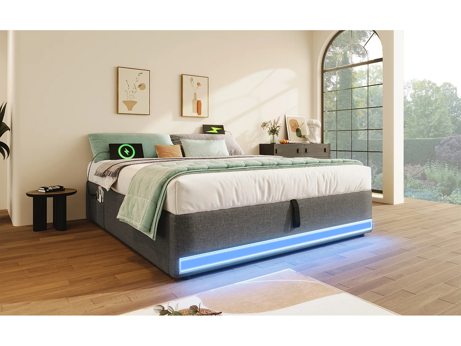 Lit rembourré 140x200 cm, LED télécommandée, USB + Type-C, petites poches de rangement, sans tête de lit, fonction de stockage hydraulique, sans matelas, Gris