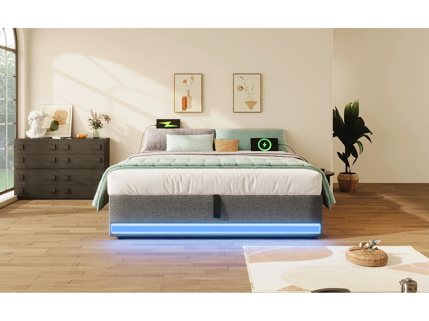 Lit rembourré 140x200 cm, LED télécommandée, USB + Type-C, petites poches de rangement, sans tête de lit, fonction de stockage hydraulique, sans matelas, Gris