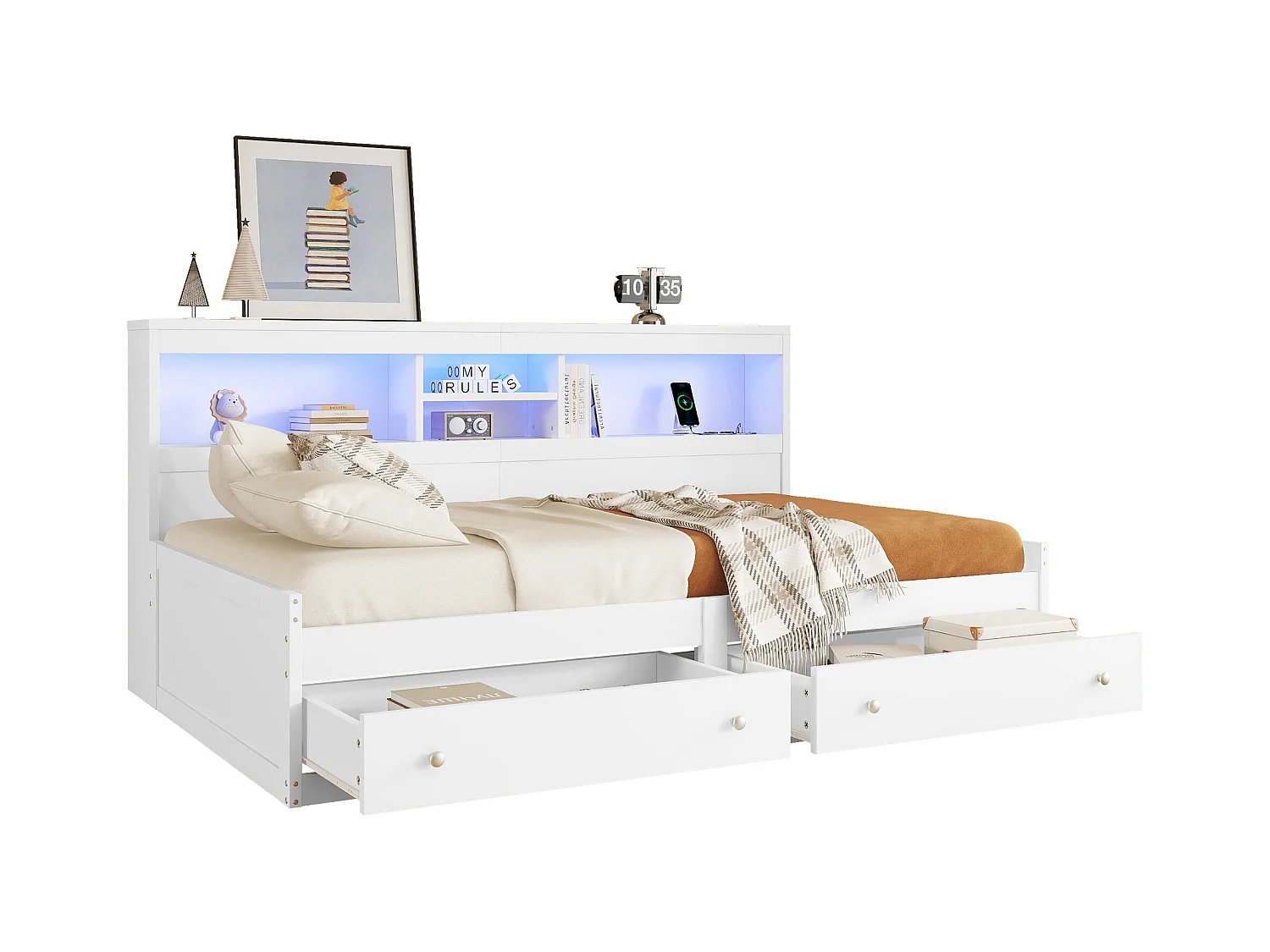 Canapé-lit 90x200 cm avec table de chevet, 2 ports USB, éclairage d’ambiance, 2 tiroirs et sommier inclus, blanc