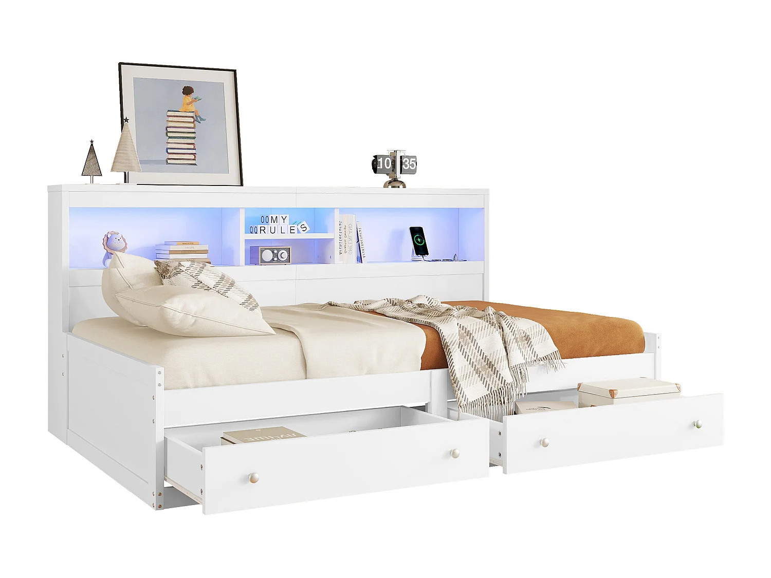 Canapé-lit 90x200 cm avec table de chevet, 2 ports USB, éclairage d’ambiance, 2 tiroirs et sommier inclus, blanc