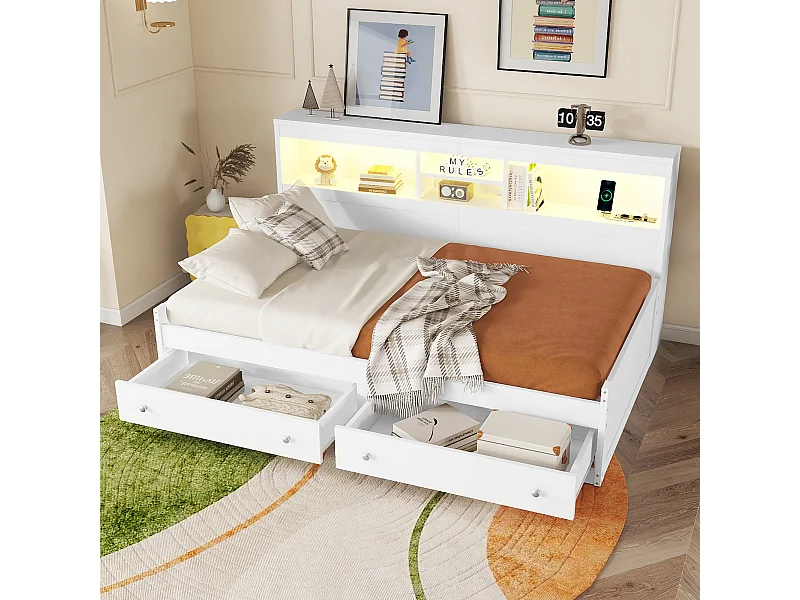 Canapé-lit 90x200 cm avec table de chevet, 2 ports USB, éclairage d’ambiance, 2 tiroirs et sommier inclus, blanc