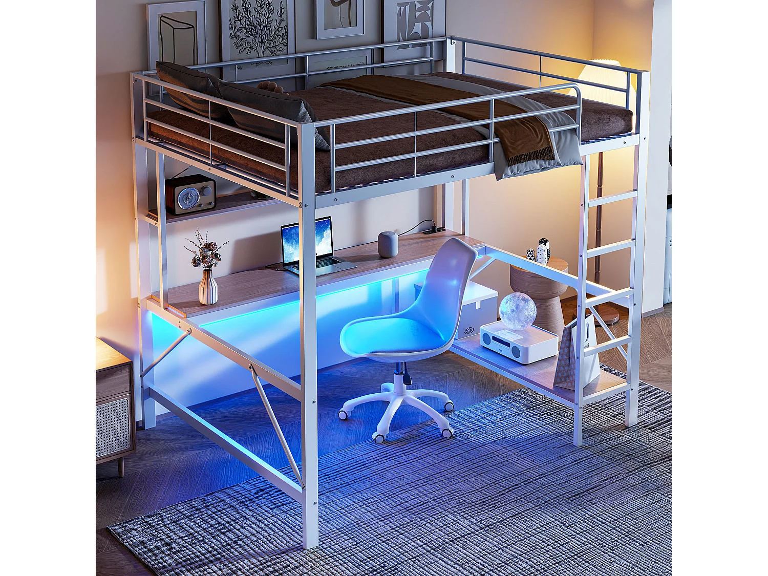 Lit mezzanine 140x200 cm en métal blanc, avec LED, bureau, étagères, ports USB et prise, sans matelas
