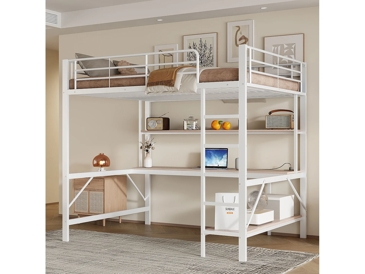 Lit mezzanine 140x200 cm en métal blanc, avec LED, bureau, étagères, ports USB et prise, sans matelas