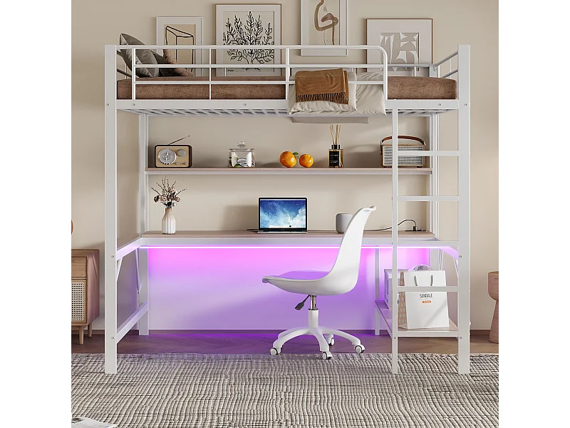 Lit mezzanine 140x200 cm en métal blanc, avec LED, bureau, étagères, ports USB et prise, sans matelas
