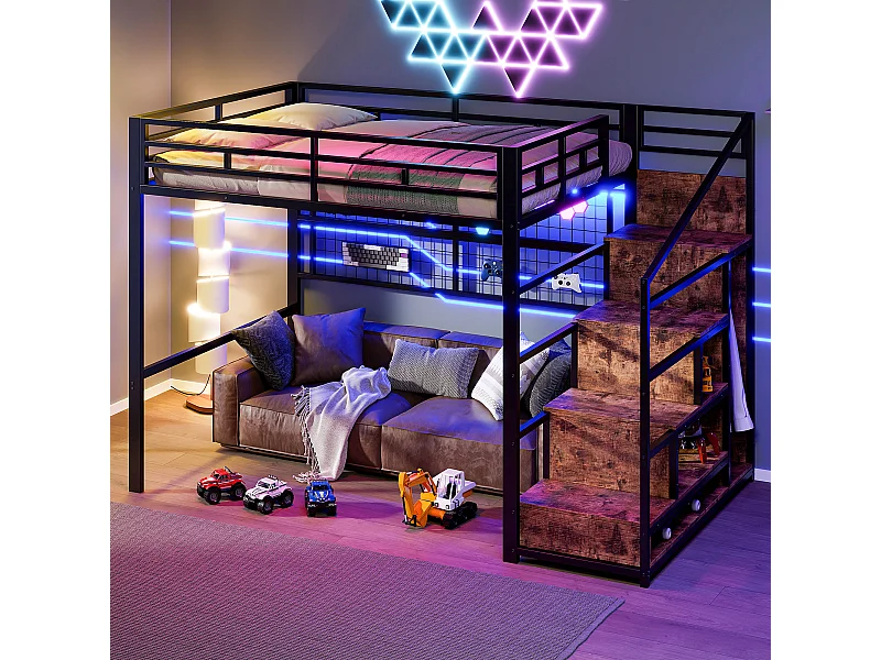 Lit mezzanine 140x200 cm, cadre métal, armoire, échelle de rangement, espace sous le lit, LED 7 couleurs, sans matelas, Noir