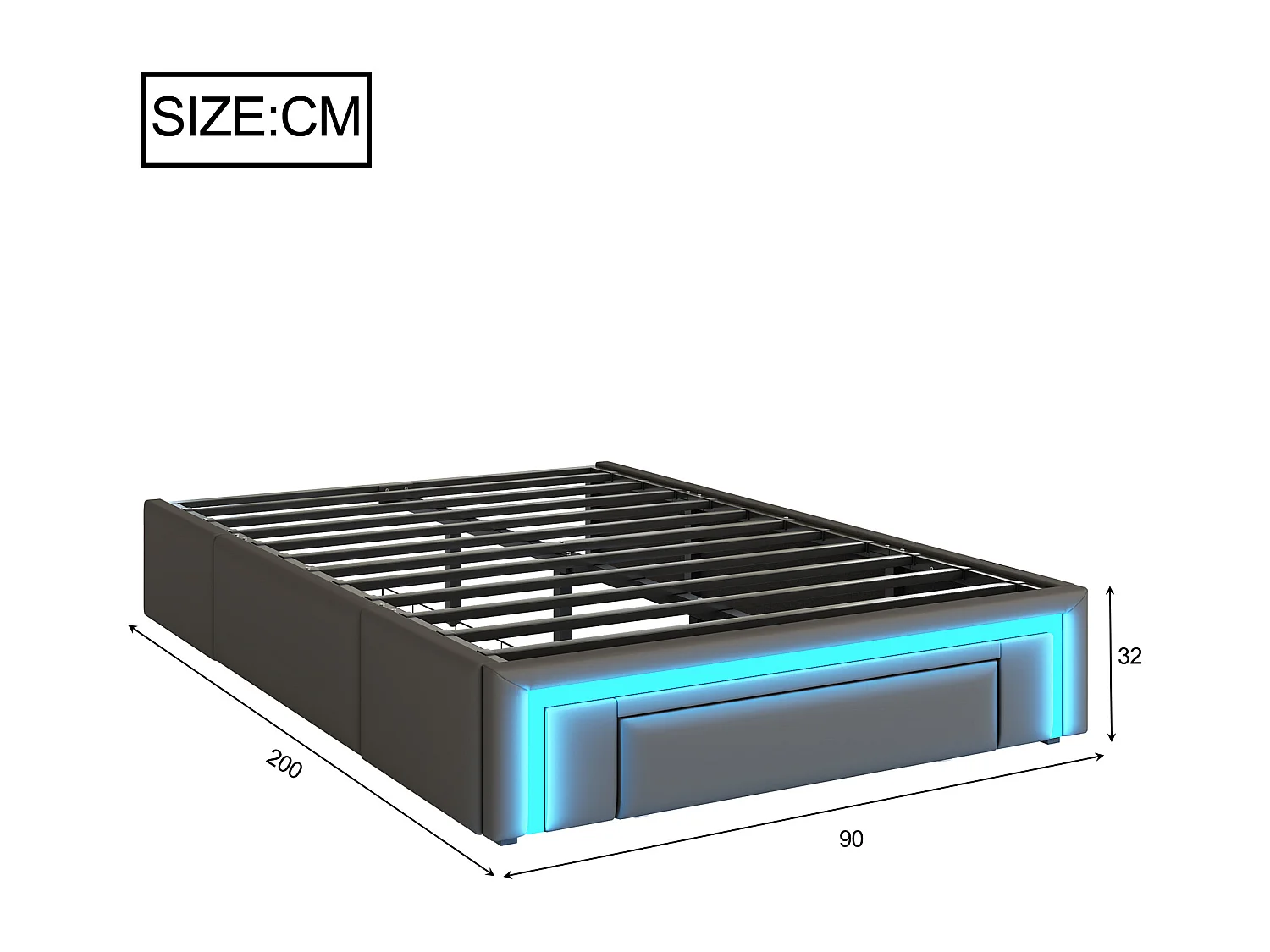 Lit 90×200 cm en PU cuir gris avec tiroirs, sans tête de lit, cadre en métal avec éclairage LED