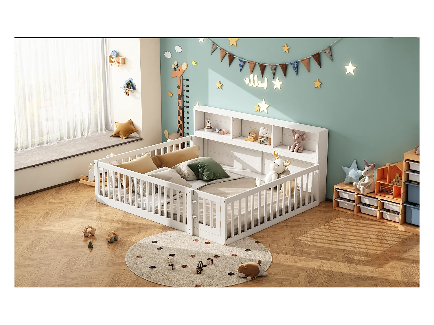 Canapé-lit 140x200 cm en bois de pin, avec espace de rangement latéral, sommier inclus et garde-corps, blanc