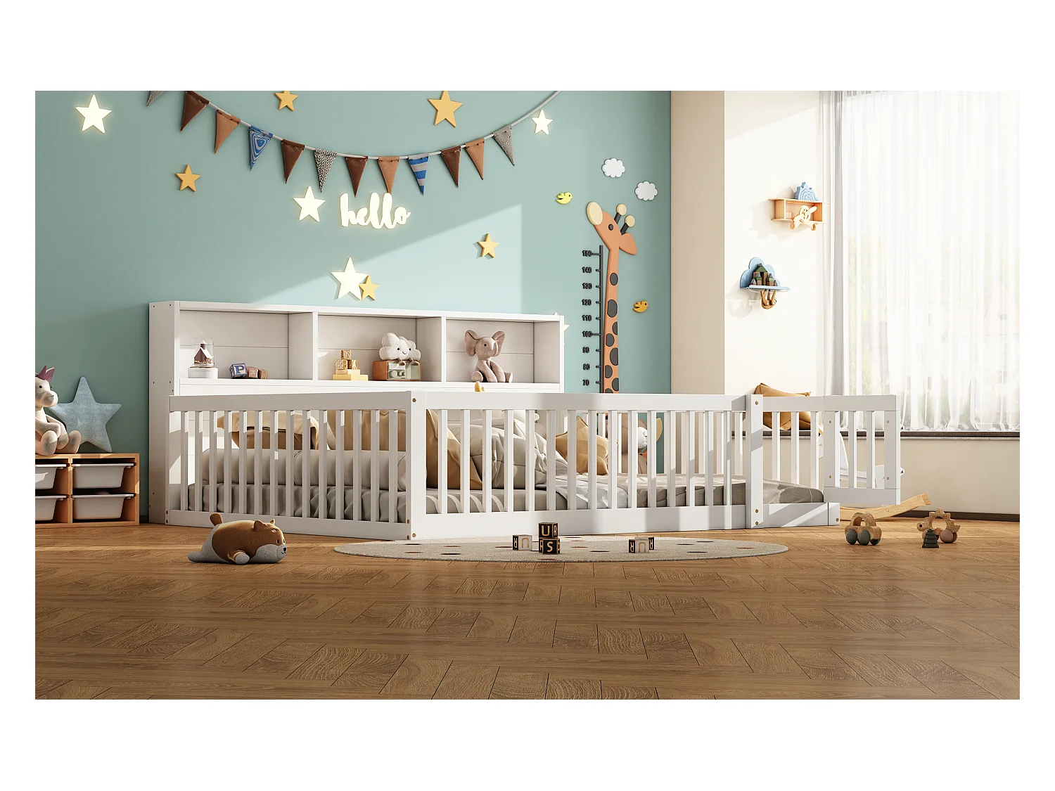 Canapé-lit 140x200 cm en bois de pin, avec espace de rangement latéral, sommier inclus et garde-corps, blanc