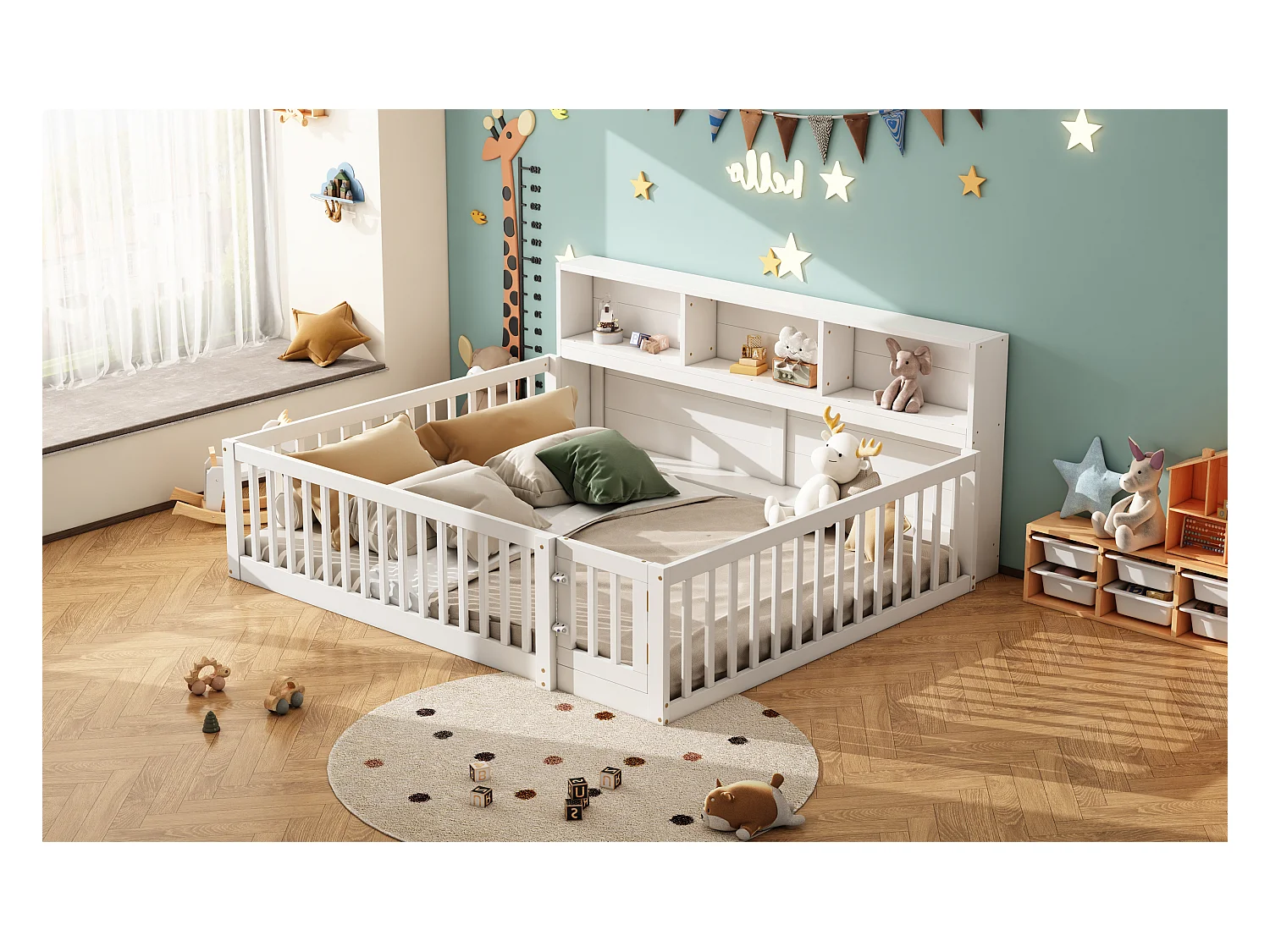 Canapé-lit 140x200 cm en bois de pin, avec espace de rangement latéral, sommier inclus et garde-corps, blanc