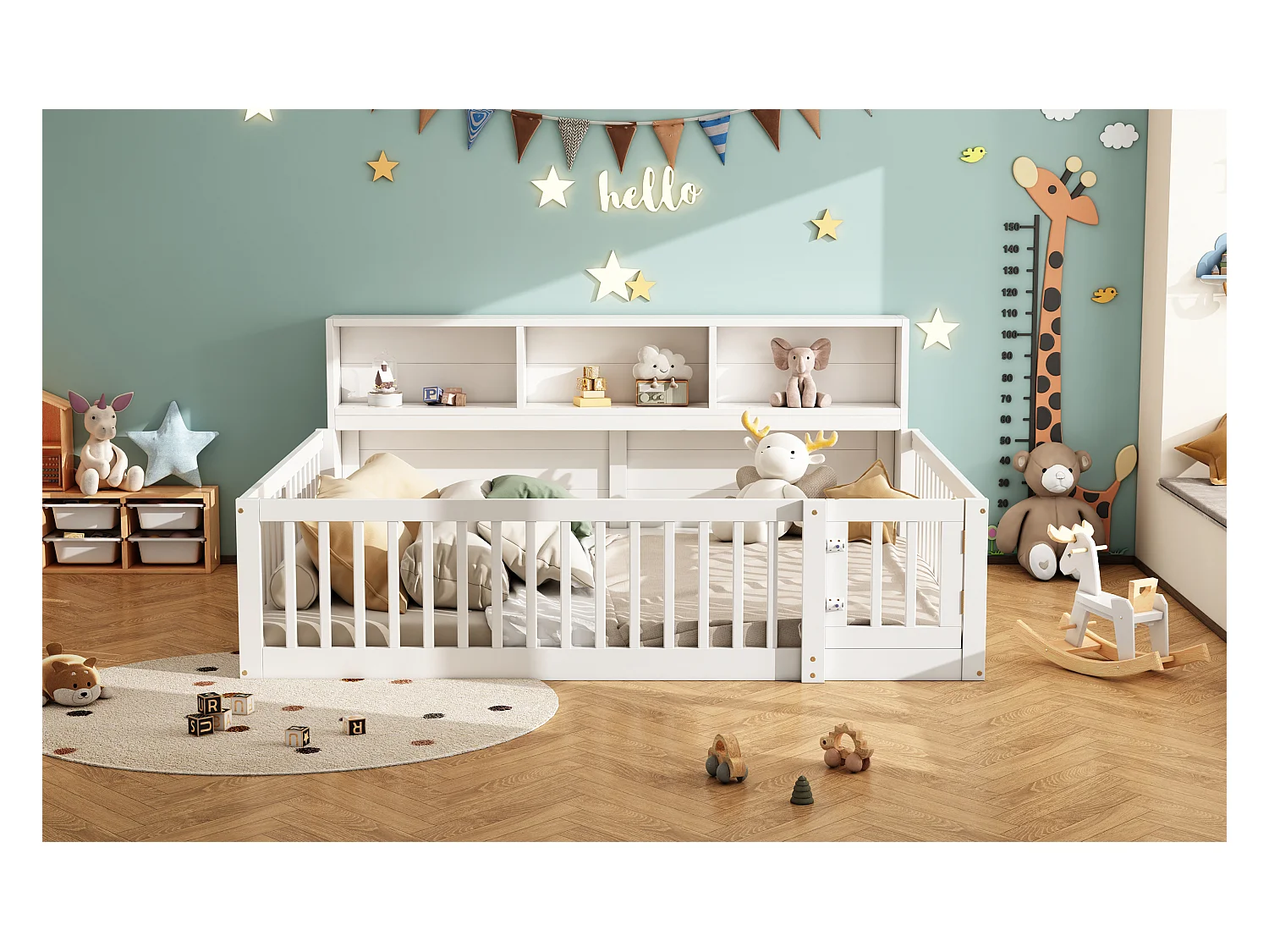 Canapé-lit 140x200 cm en bois de pin, avec espace de rangement latéral, sommier inclus et garde-corps, blanc