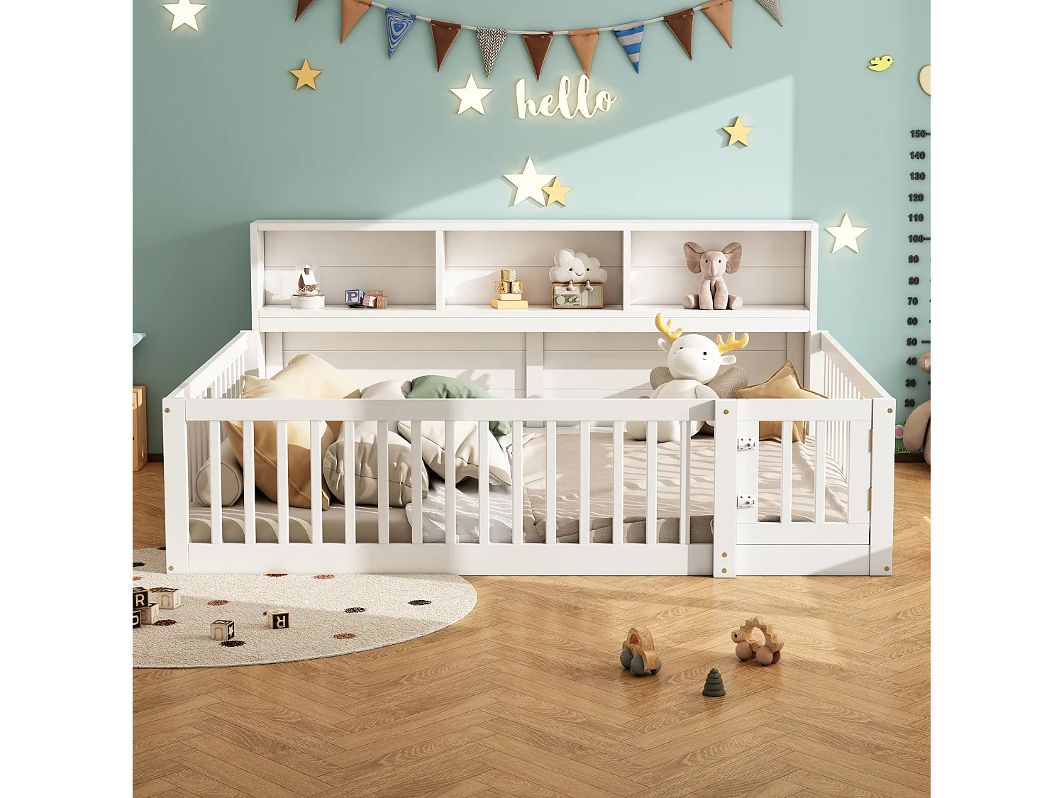 Canapé-lit 140x200 cm en bois de pin, avec espace de rangement latéral, sommier inclus et garde-corps, blanc