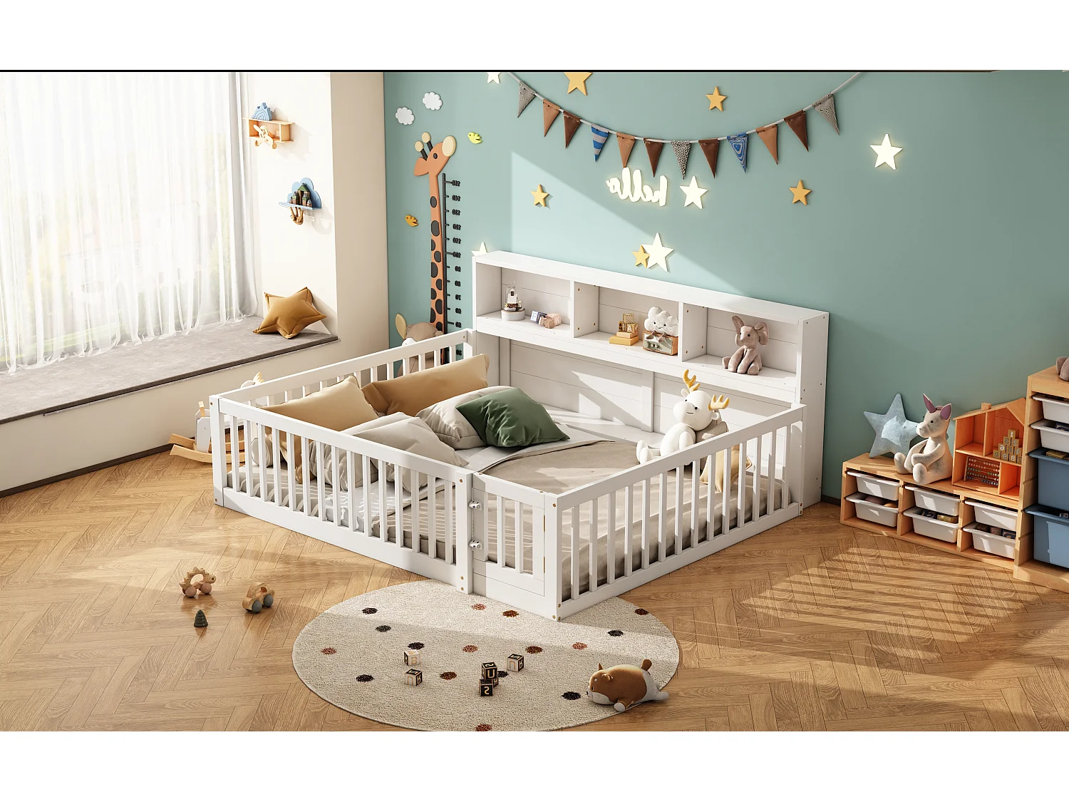 Canapé-lit 140x200 cm en bois de pin, avec espace de rangement latéral, sommier inclus et garde-corps, blanc