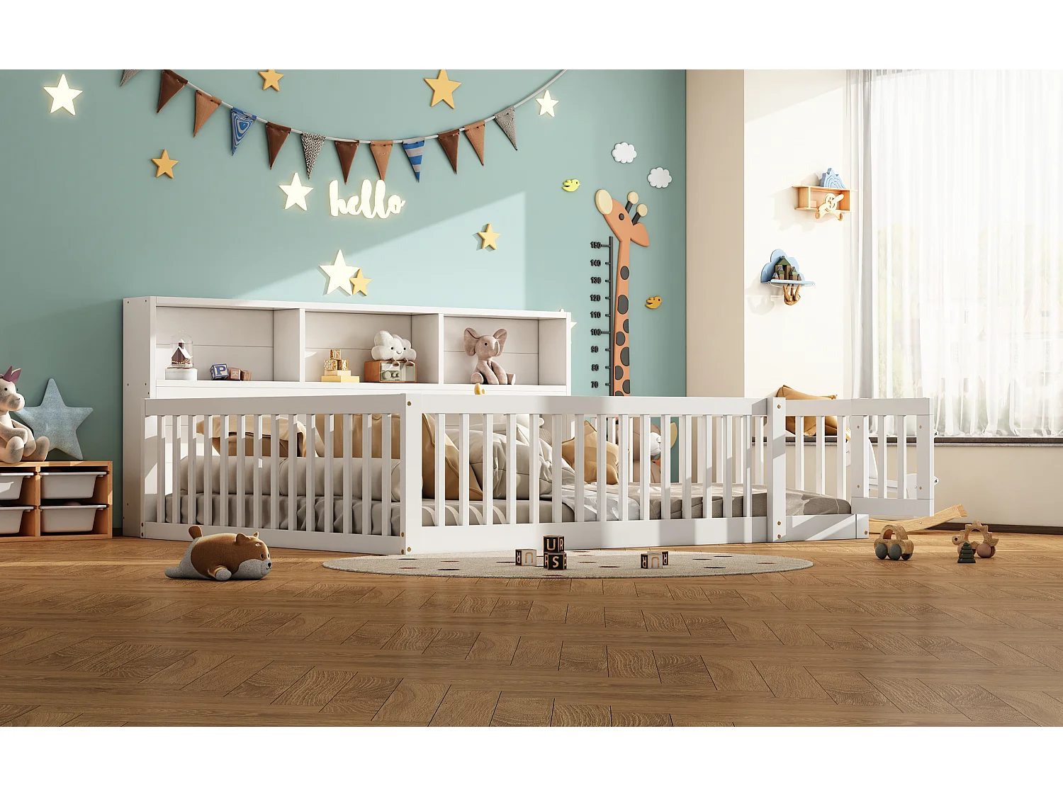 Canapé-lit 140x200 cm en bois de pin, avec espace de rangement latéral, sommier inclus et garde-corps, blanc