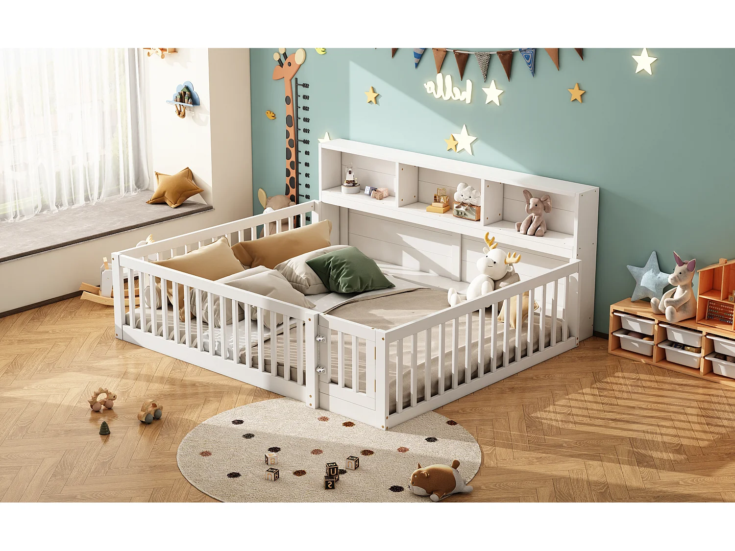 Canapé-lit 140x200 cm en bois de pin, avec espace de rangement latéral, sommier inclus et garde-corps, blanc