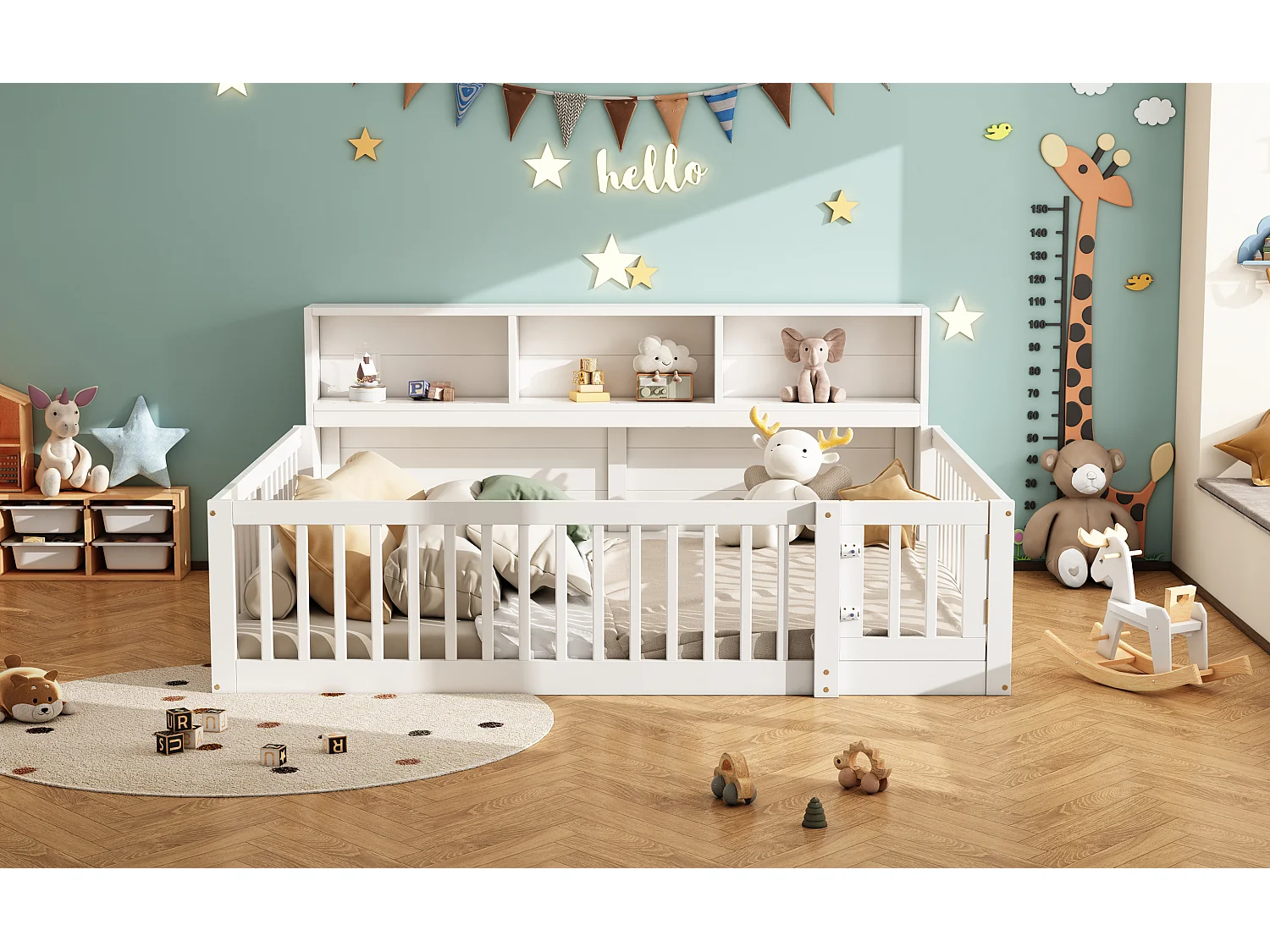 Canapé-lit 140x200 cm en bois de pin, avec espace de rangement latéral, sommier inclus et garde-corps, blanc