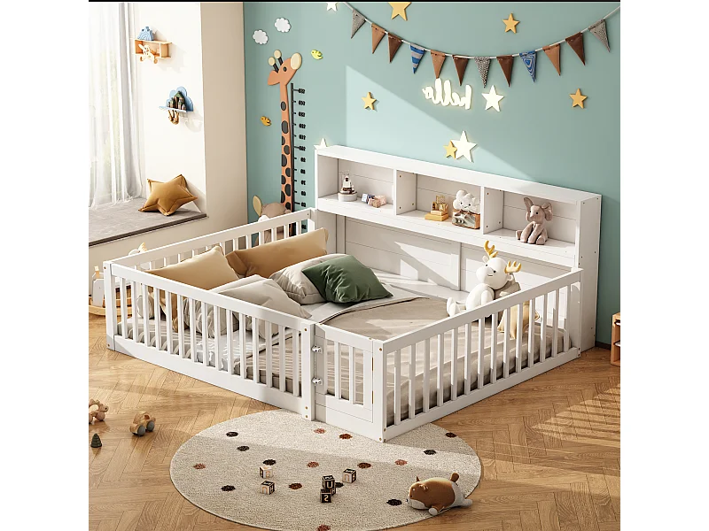 Canapé-lit 140x200 cm en bois de pin, avec espace de rangement latéral, sommier inclus et garde-corps, blanc