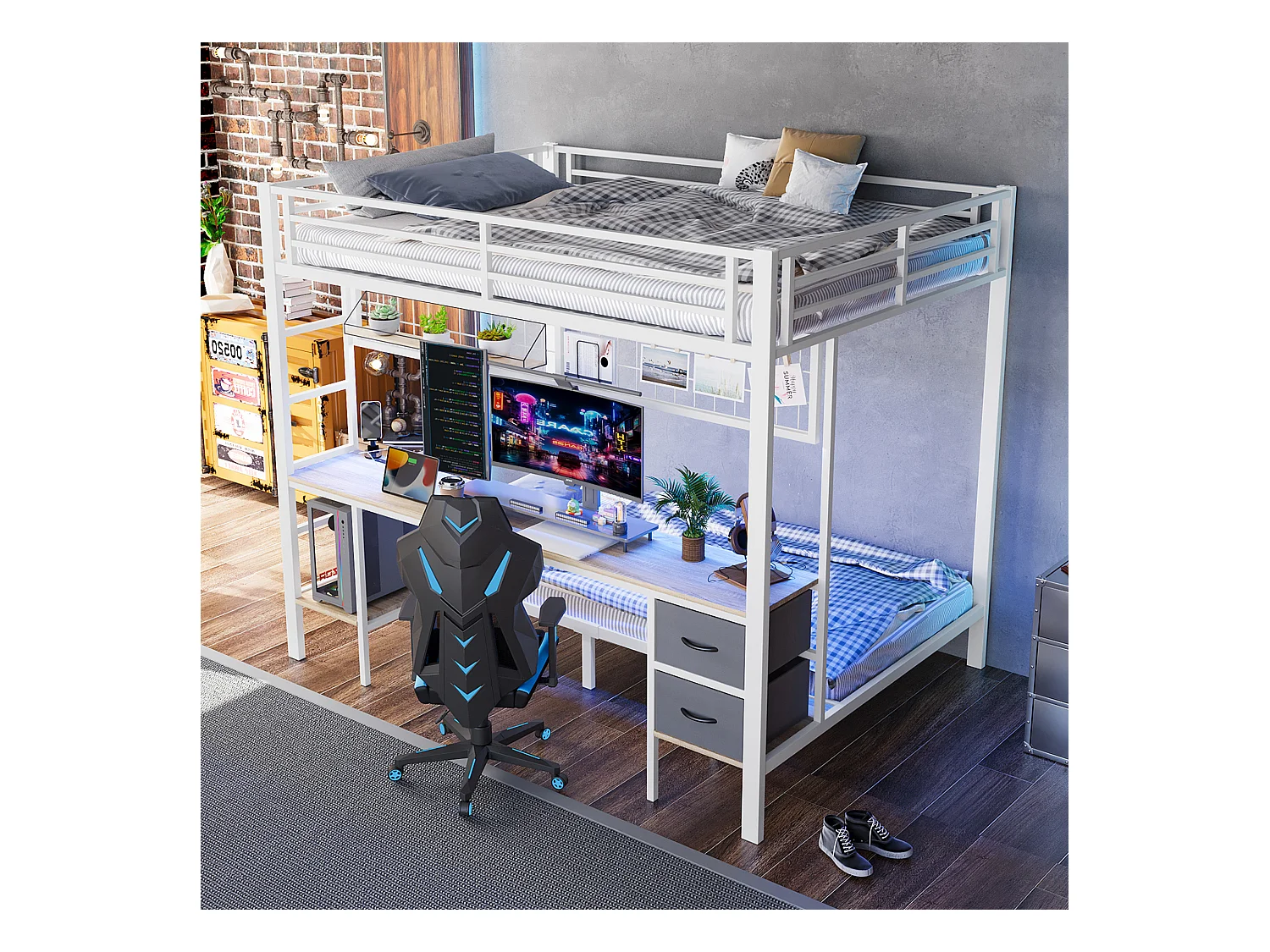 Lit mezzanine 90x200 et 140x200 cm, cadre en métal, tiroirs, étagères, porte-objets, bureau, LED 7 couleurs, USB, sans matelas, Blanc