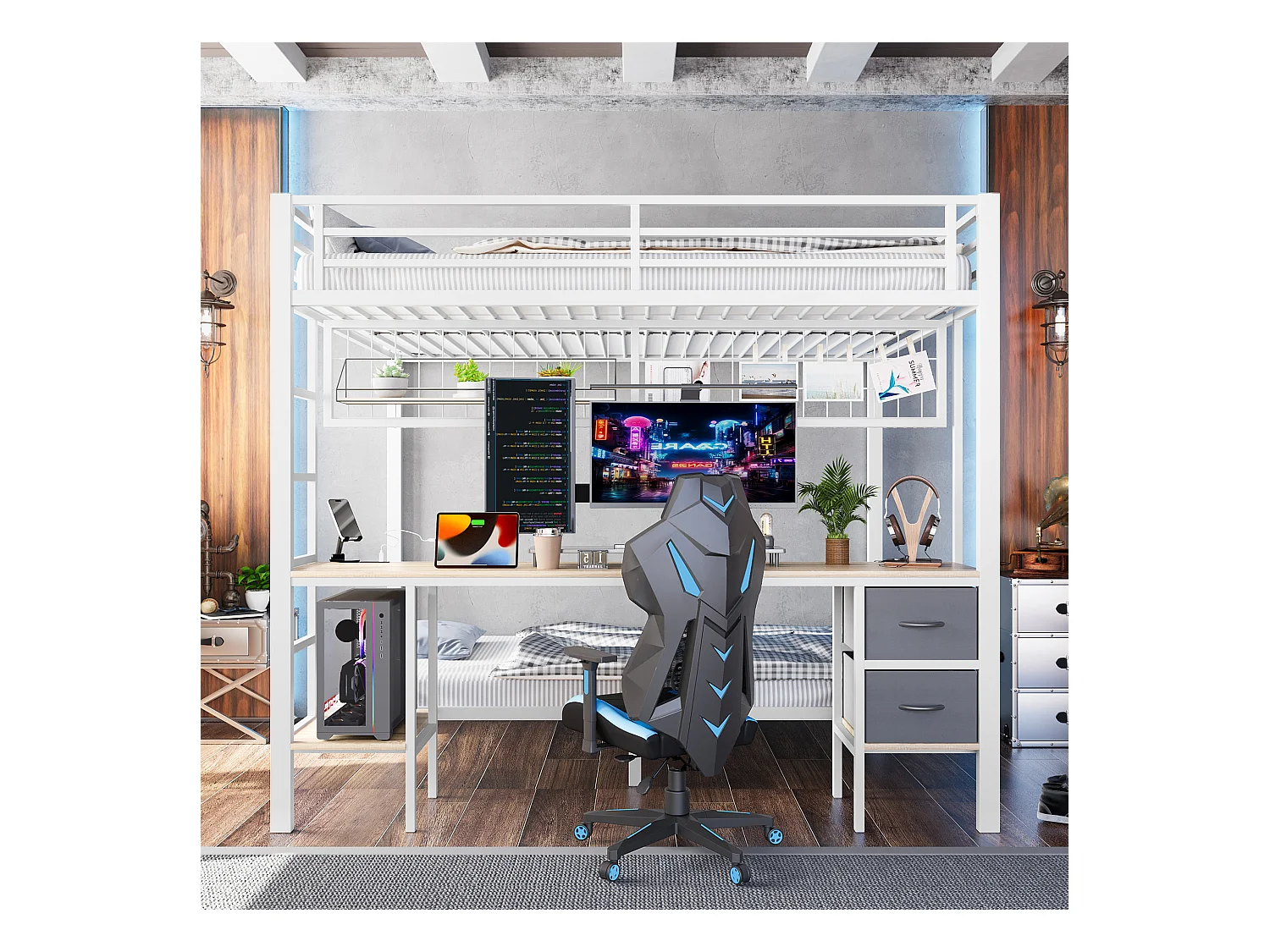 Lit mezzanine 90x200 et 140x200 cm, cadre en métal, tiroirs, étagères, porte-objets, bureau, LED 7 couleurs, USB, sans matelas, Blanc