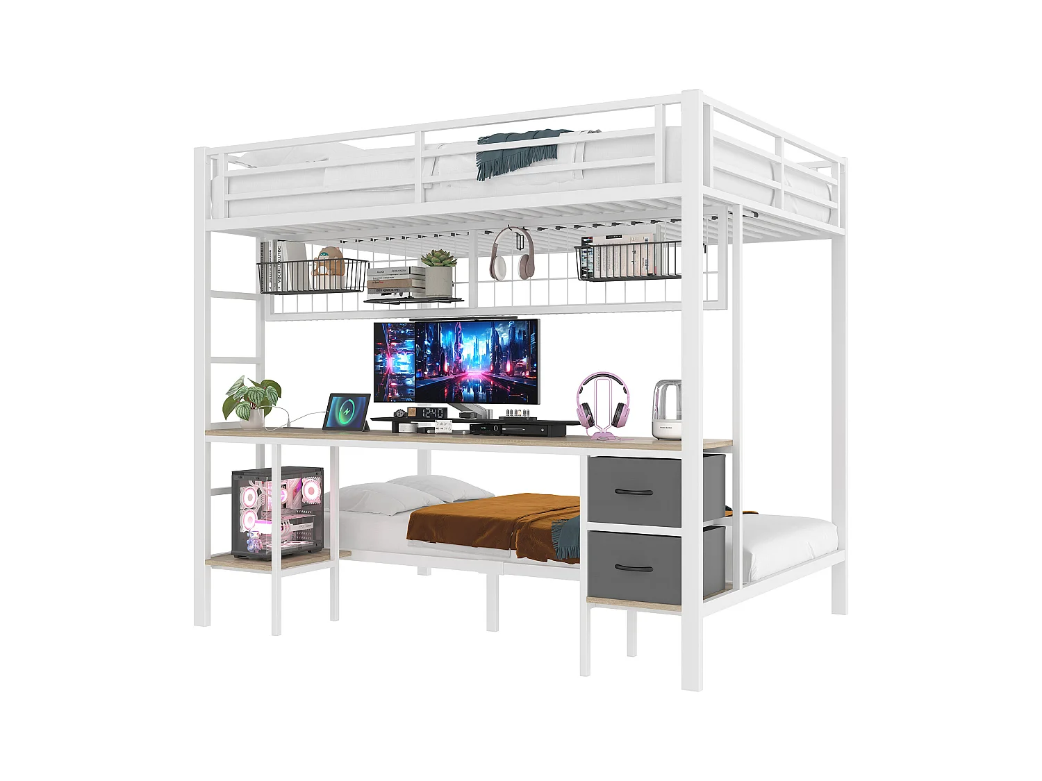 Lit mezzanine 90x200 et 140x200 cm, cadre en métal, tiroirs, étagères, porte-objets, bureau, LED 7 couleurs, USB, sans matelas, Blanc