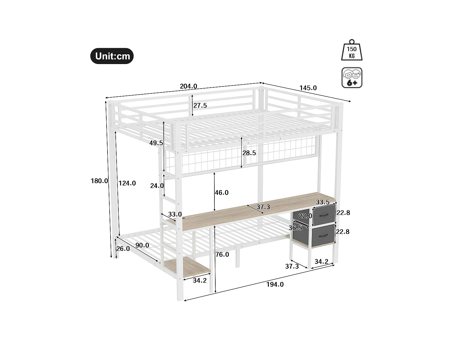 Lit mezzanine 90x200 et 140x200 cm, cadre en métal, tiroirs, étagères, porte-objets, bureau, LED 7 couleurs, USB, sans matelas, Blanc