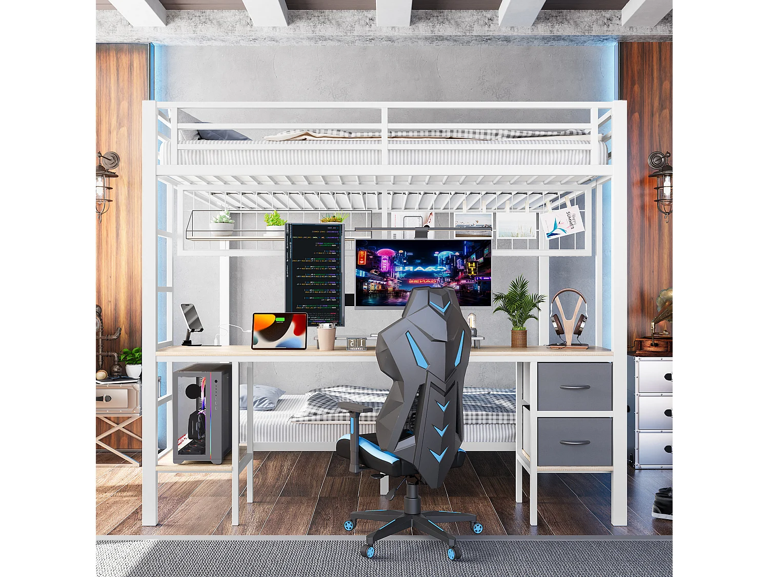 Lit mezzanine 90x200 et 140x200 cm, cadre en métal, tiroirs, étagères, porte-objets, bureau, LED 7 couleurs, USB, sans matelas, Blanc