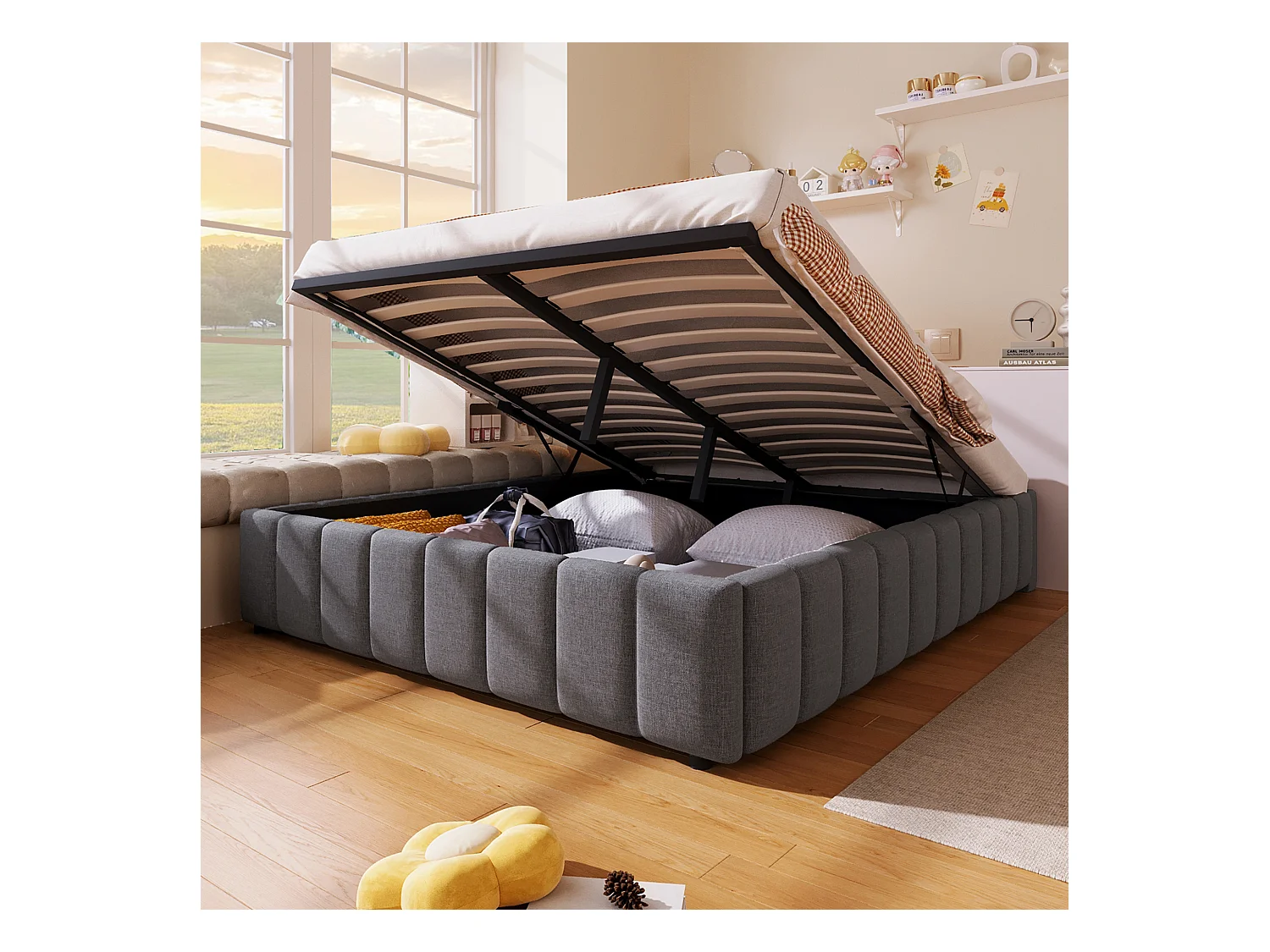 Lit capitonné 140x200 cm avec rangement hydraulique, sans tête de lit ni matelas, tissu gris