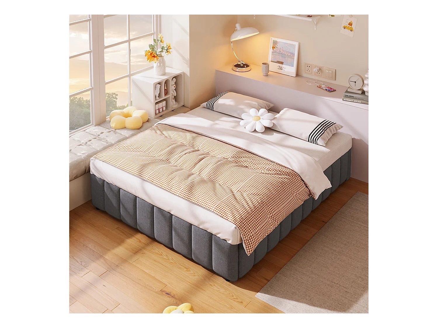 Lit capitonné 140x200 cm avec rangement hydraulique, sans tête de lit ni matelas, tissu gris