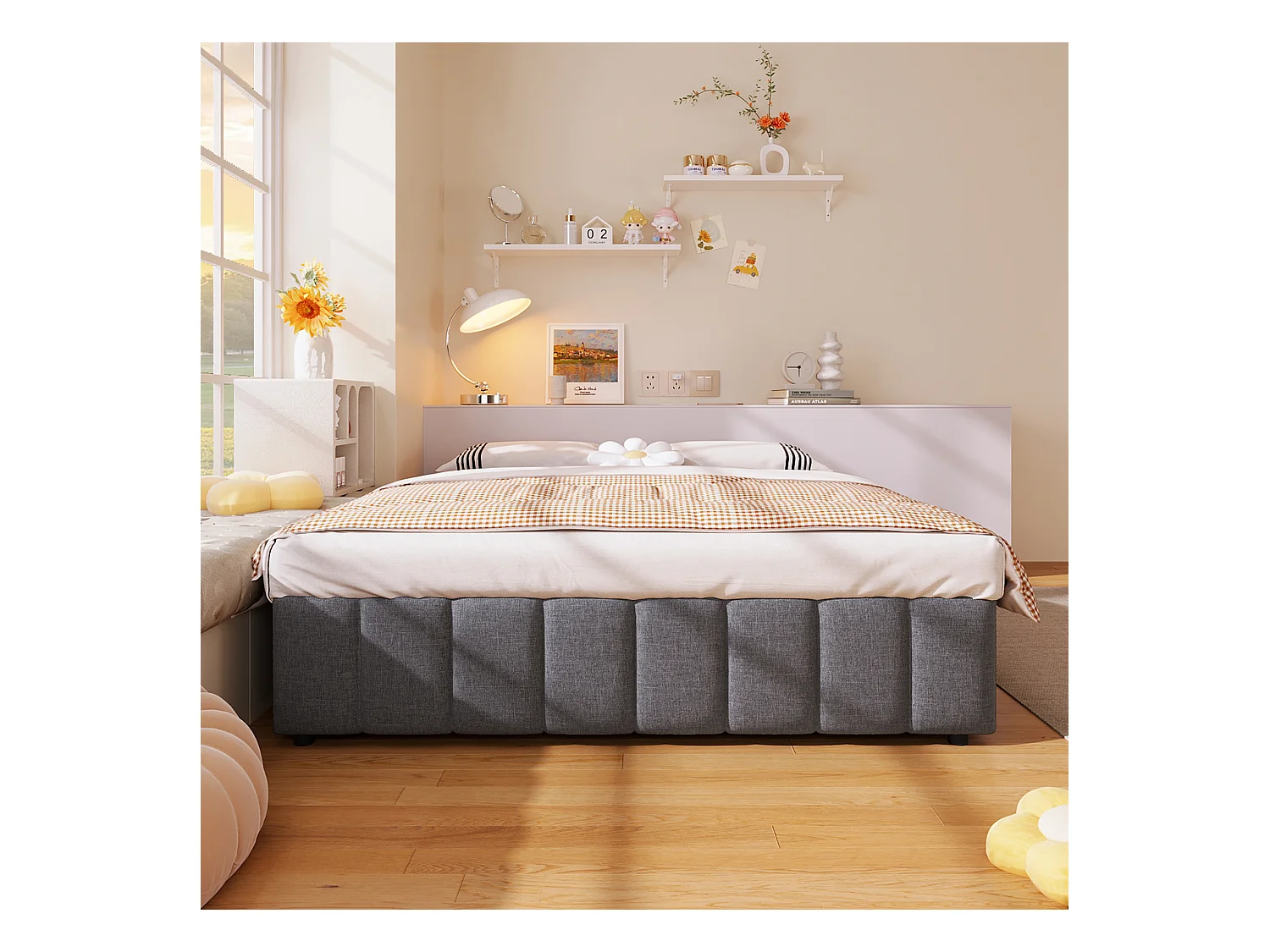 Lit capitonné 140x200 cm avec rangement hydraulique, sans tête de lit ni matelas, tissu gris