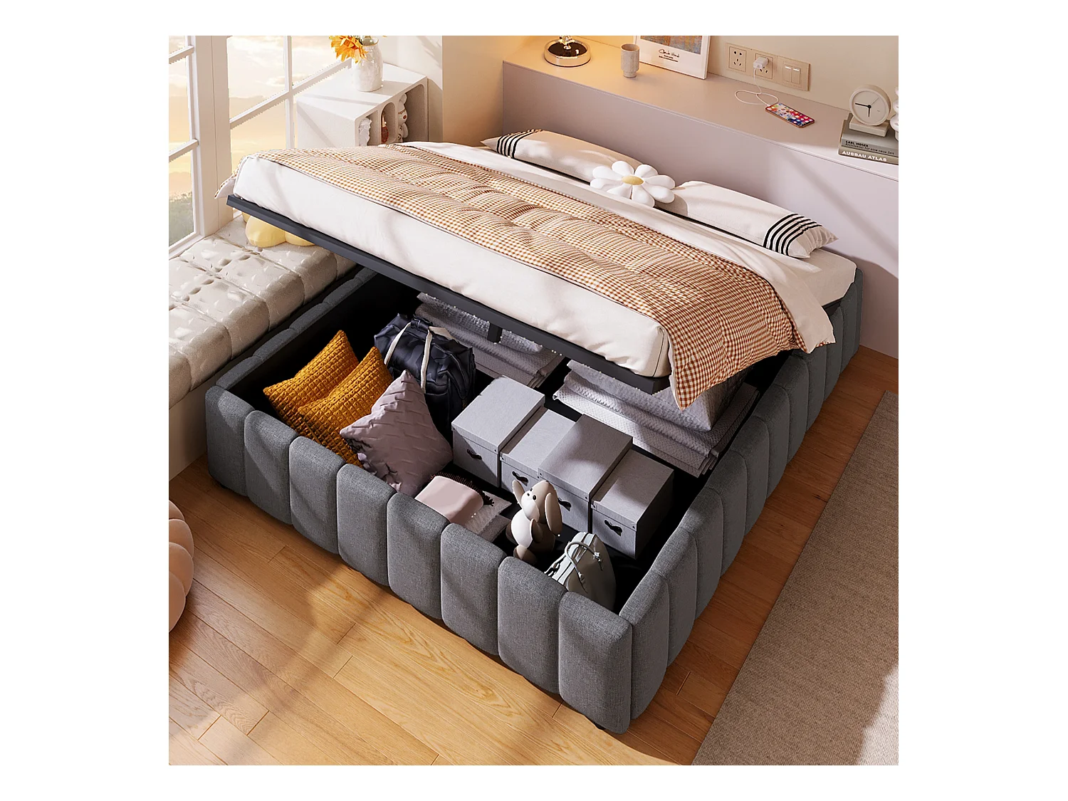 Lit capitonné 140x200 cm avec rangement hydraulique, sans tête de lit ni matelas, tissu gris