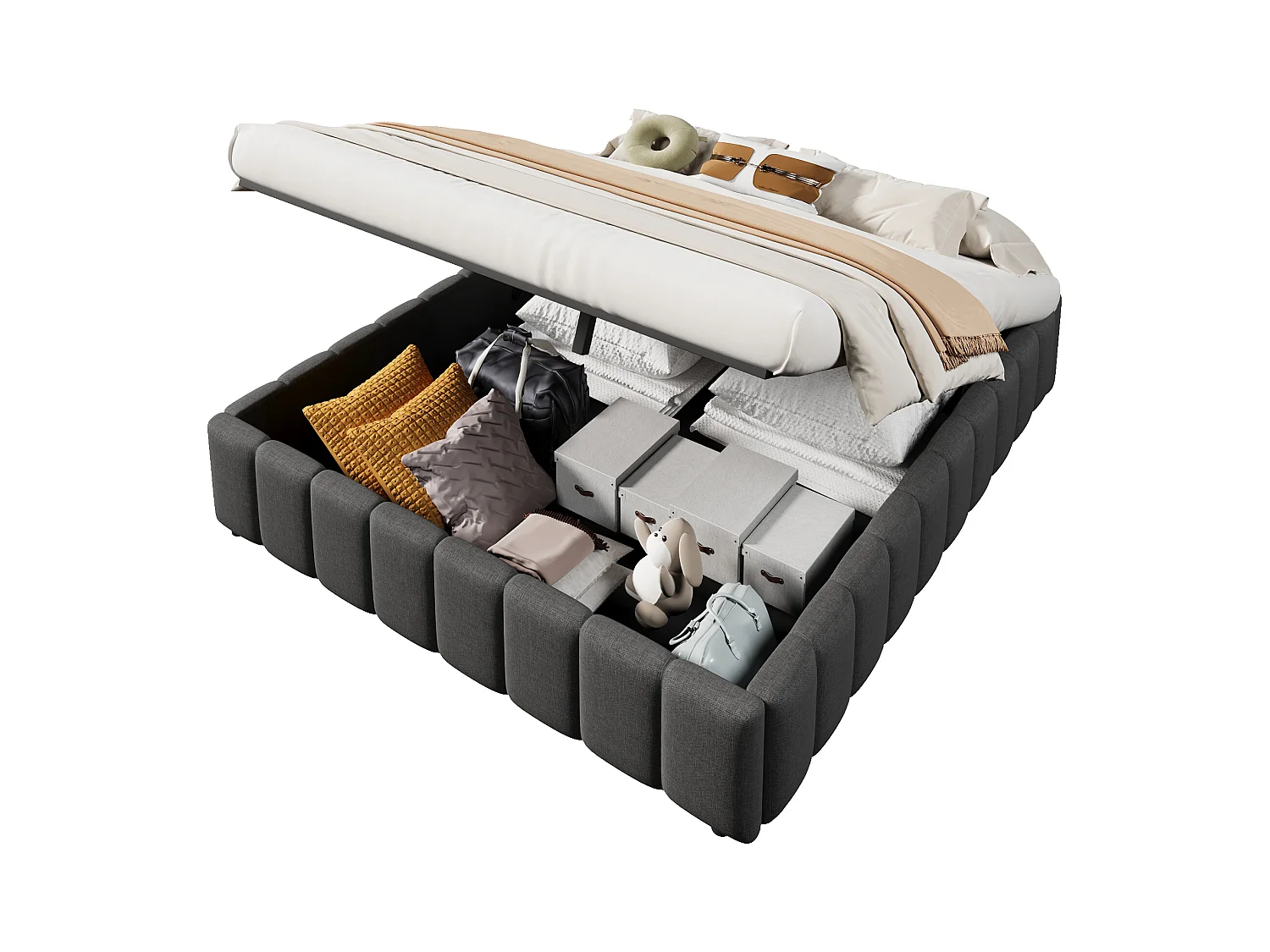 Lit capitonné 140x200 cm avec rangement hydraulique, sans tête de lit ni matelas, tissu gris